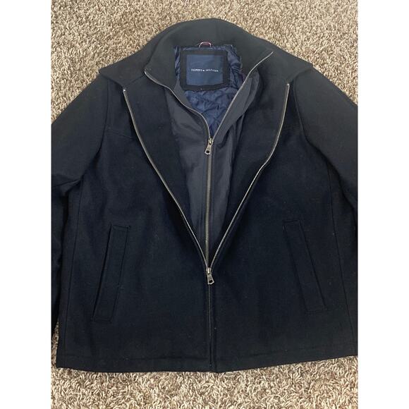 Tommy Hilfiger Double Zip Black Wool blend Medium Overcoat bomber - Picture 2 of 8